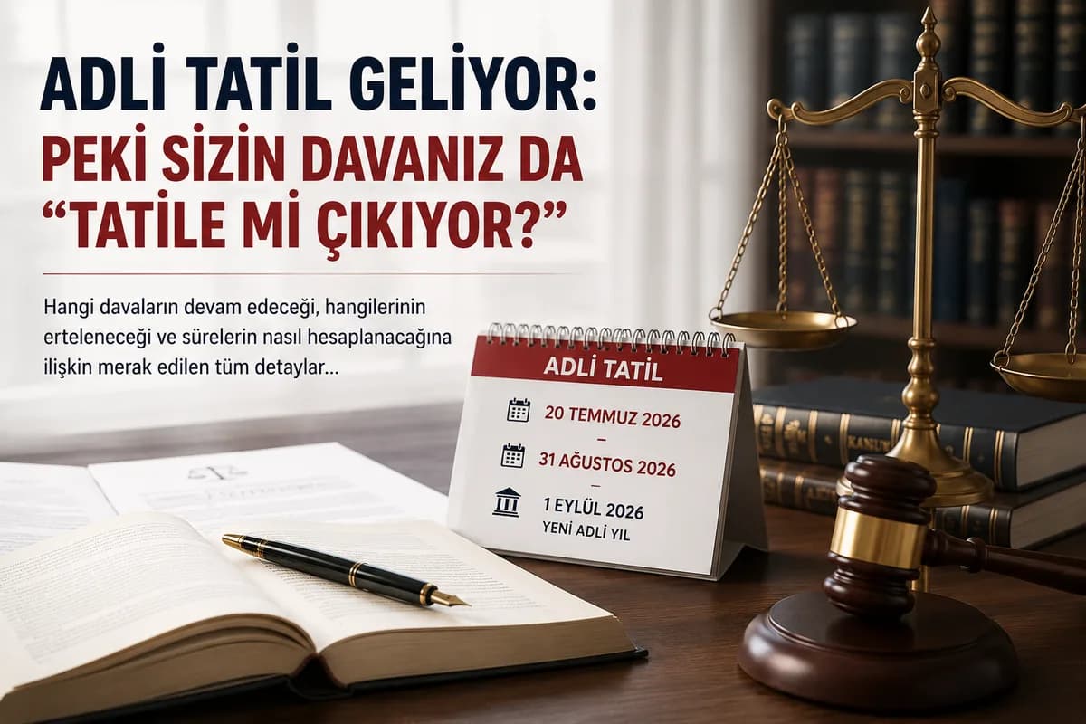 Adli tatil tarihlerini gösteren masa takvimi, adalet terazisi, hâkim tokmağı ve hukuk kitaplarının bulunduğu çalışma masası görseli.