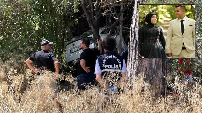 Ağaçlara ve bağ evine çarpmış otomobilin başında olay yeri inceleme polisleri