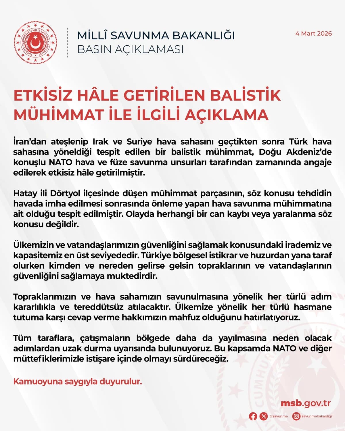 Türk Hava Sahasında Balistik Tehdit: İran’dan Ateşlenen Mühimmat Etkisiz Hale Getirildi