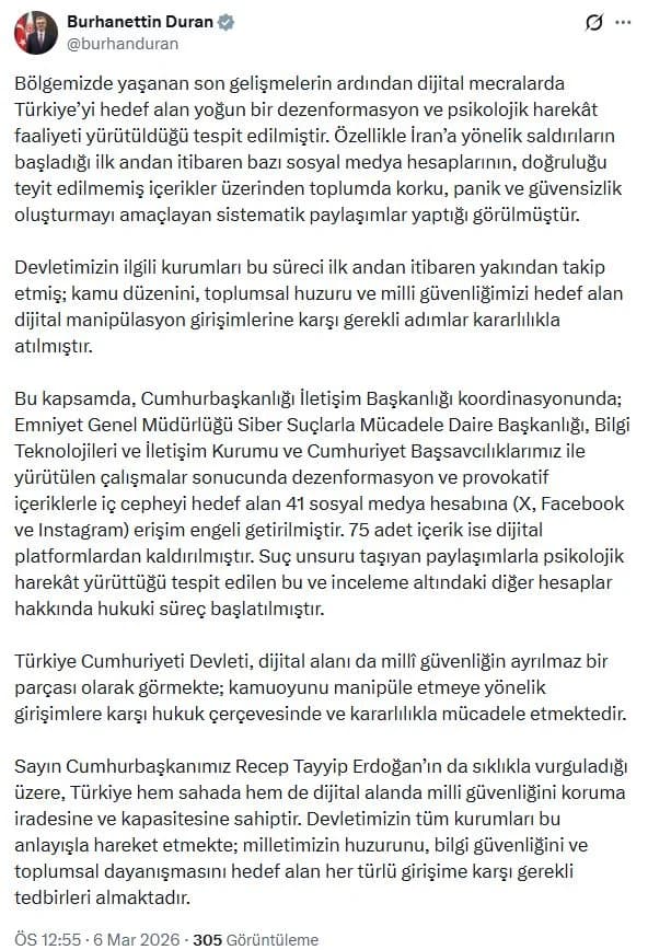 İletişim Başkanı Duran: 41 Dezenformasyon Hesabına Erişim Engeli Uygulandı