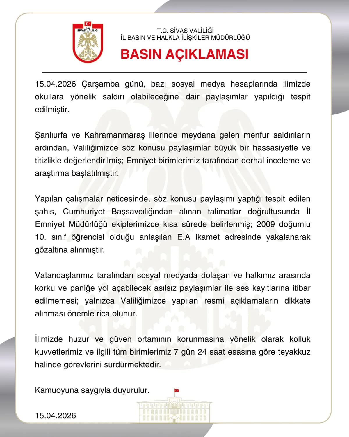 Sivas’ta Okullar Hedef Alındı: Bir öğrenci gözaltına alındı