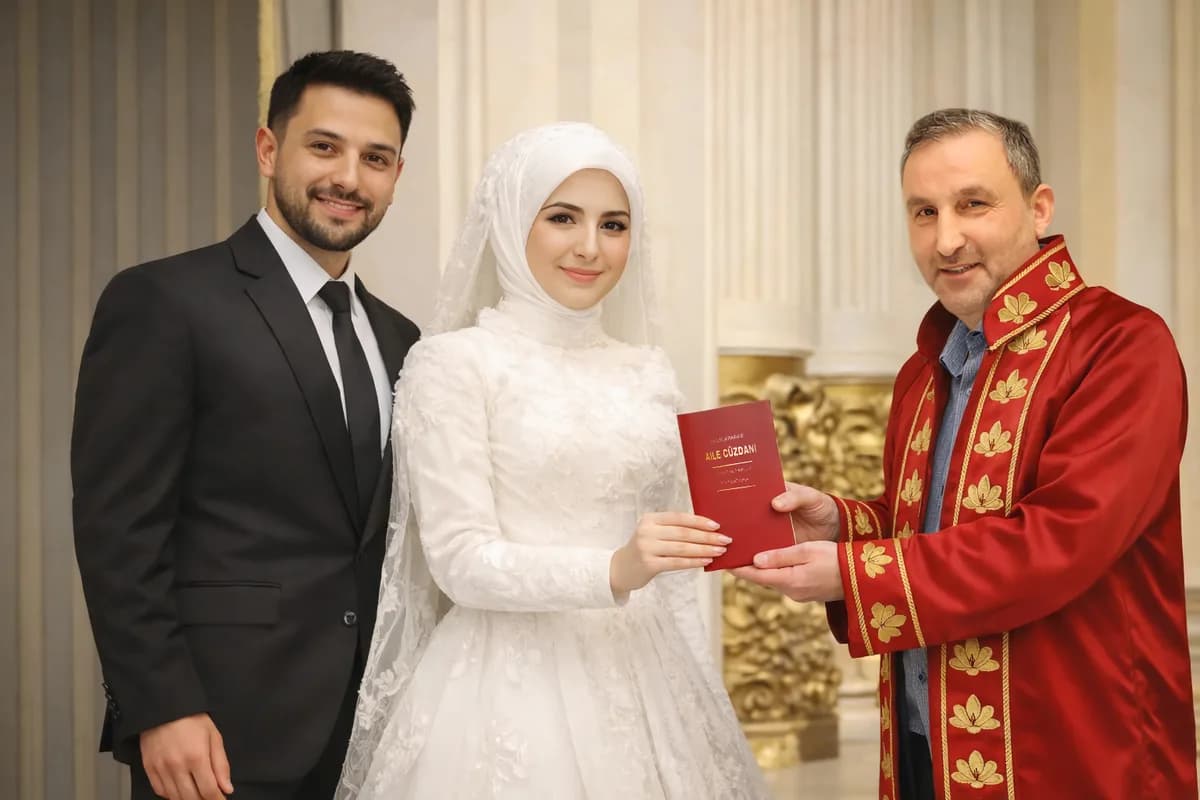 Damat, gelin ve kırmızı nikah cübbeli görevli aile cüzdanı ile birlikte poz veriyor