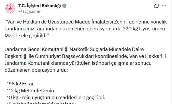 Van ve Hakkari’de Uyuşturucu Operasyonu: 15 Gözaltı ve 320 Kilo Uyuşturucu Ele Geçirildi