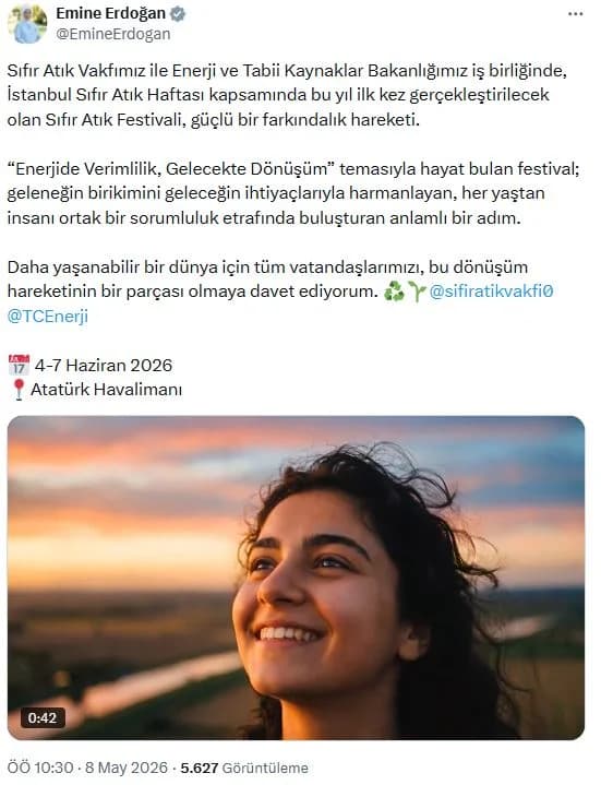 Emine Erdoğan’dan ‘Sıfır Atık Festivali’ne Davet: Gelecek Nesiller İçin Dönüşüm Vakti!