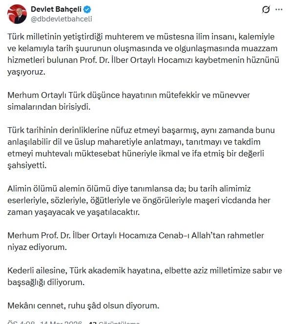 Devlet Bahçeli’den Prof. Dr. İlber Ortaylı için Taziye Mesajı