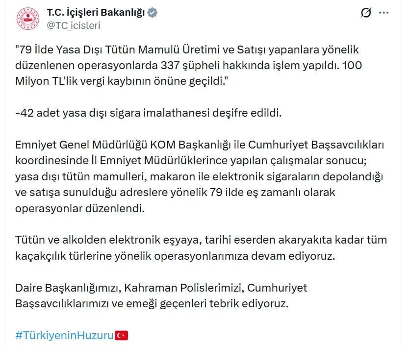 79 İlde Kaçak Sigara Operasyonu: 337 Gözaltı ve 100 Milyon TL’lik Vergi Kaybı Önleyici Müdahale