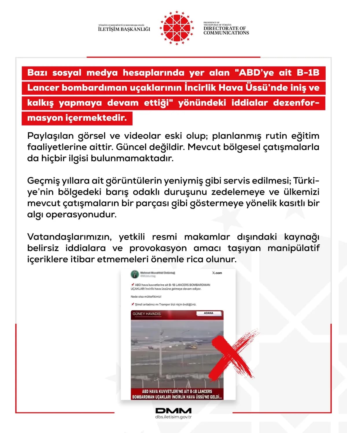 DMM’den İncirlik Üssü’ndeki Bombardıman Uçakları Hakkında Açıklama