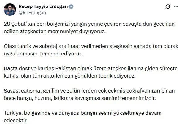 Cumhurbaşkanı Erdoğan: Ateşkesi Destekliyoruz