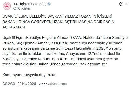 Eşme Belediye Başkanı Yılmaz Tozan Görevden Uzaklaştırıldı