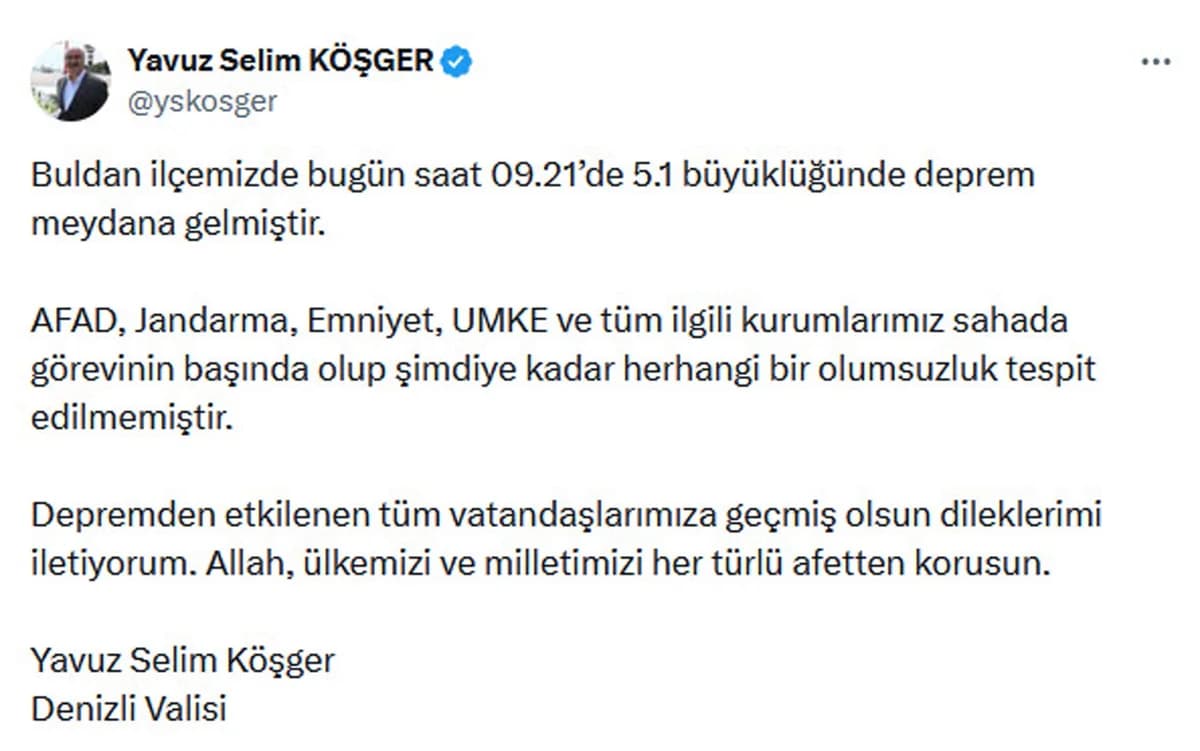 Denizli’de 5.1 Büyüklüğünde Deprem: Vali Köşger’den Açıklama