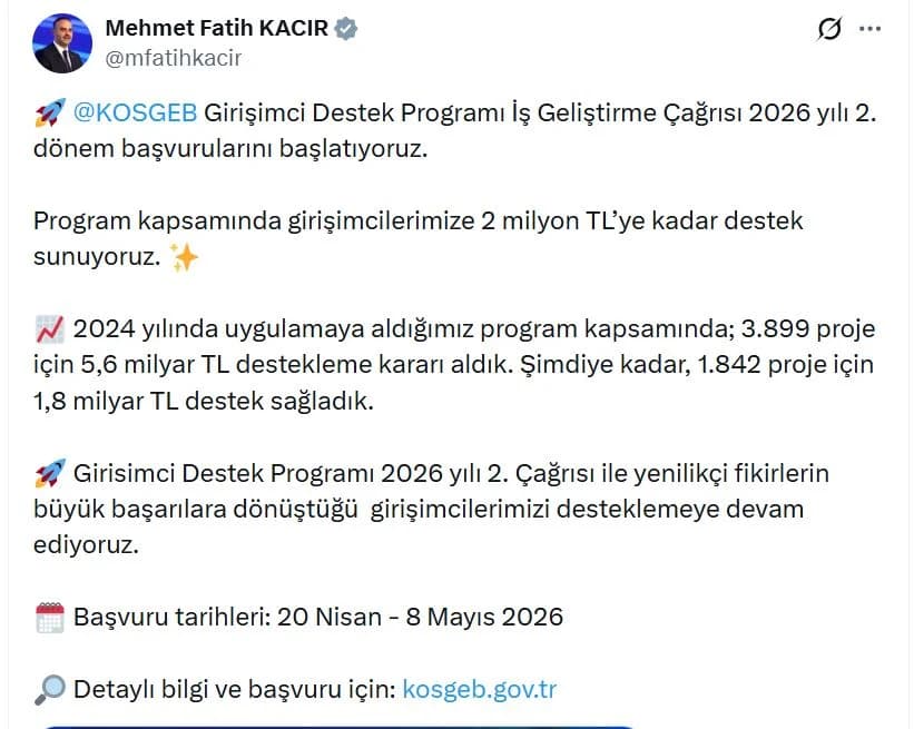 Bakan Kacır’dan Girişimcilere 2 Milyon TL Destek Müjdesi