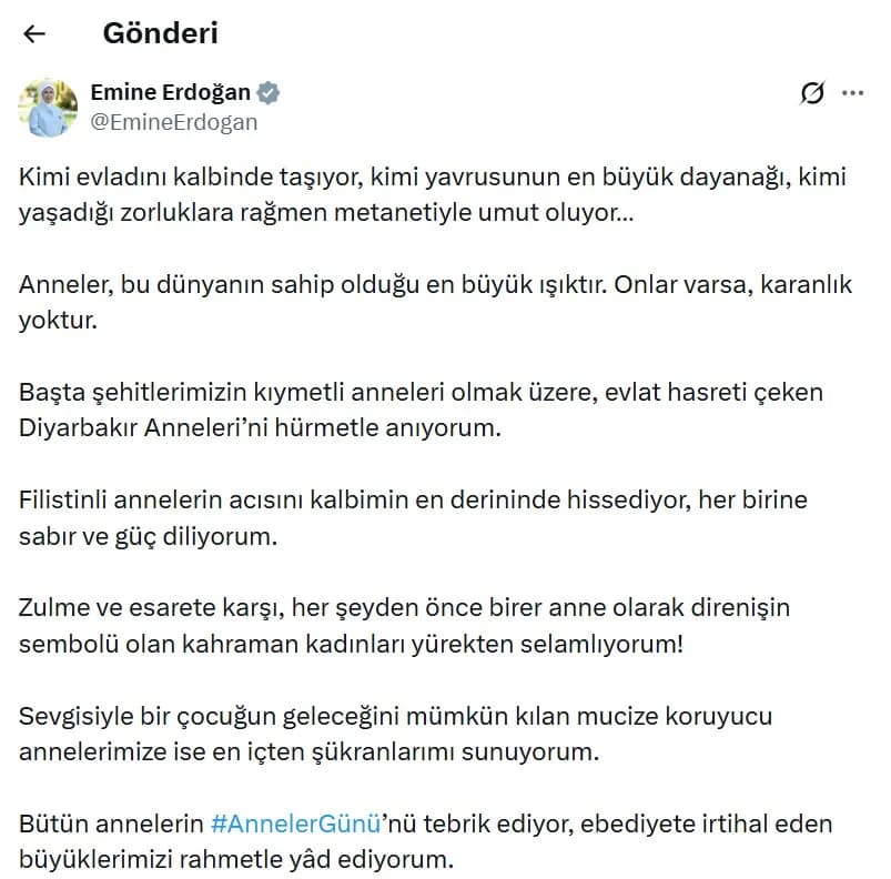 Emine Erdoğan’dan Anneler Günü Mesajı: Gözyaşları Filistin’de, Saygı Şehit Annelerinde