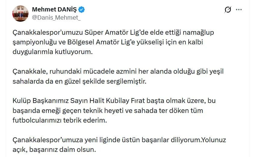 RTÜK Başkanı Daniş’ten Çanakkalespor’a Tebrik
