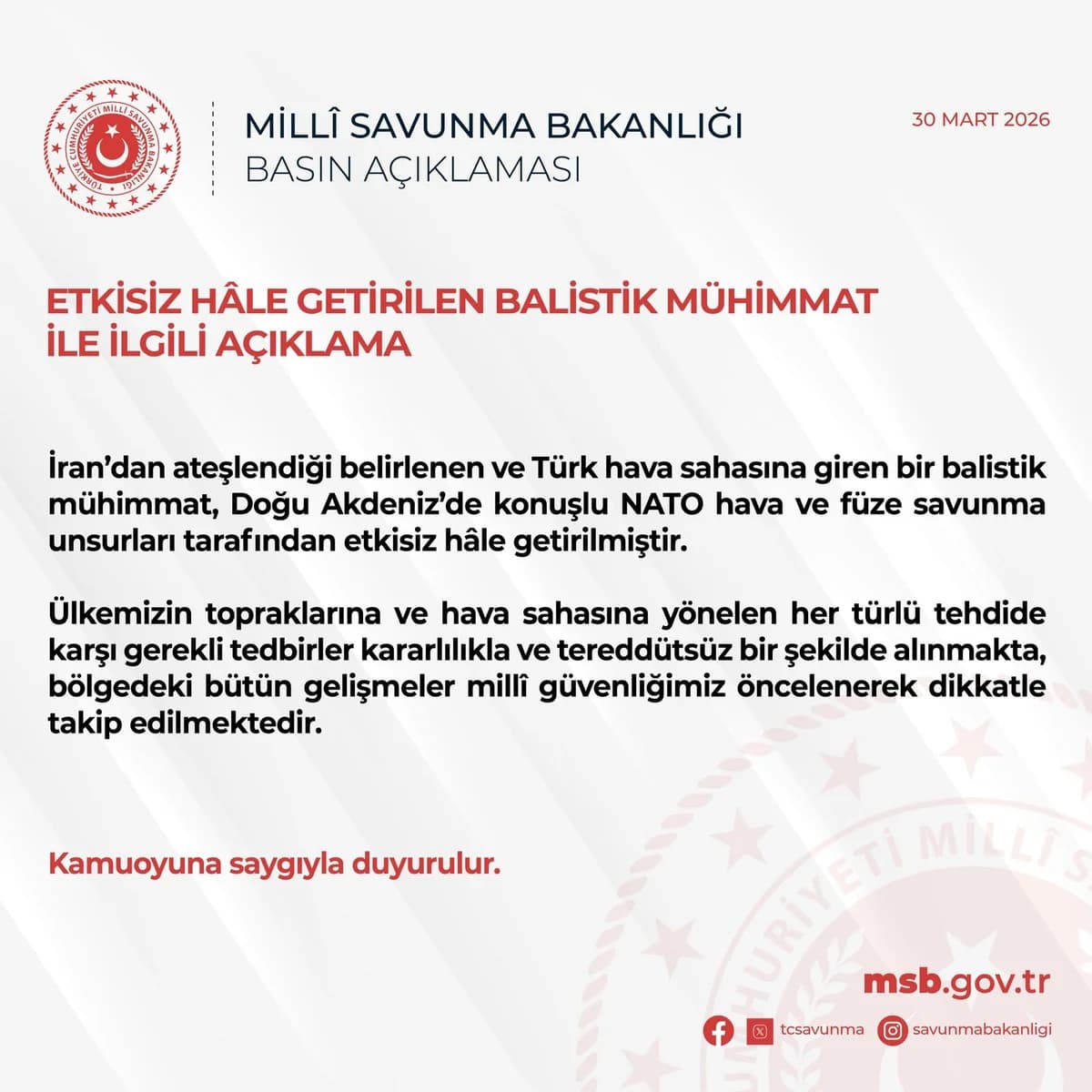MSB’den Önemli Açıklama: İran’dan Ateşlenen Balistik Mühimmat Etkisiz Hale Getirildi