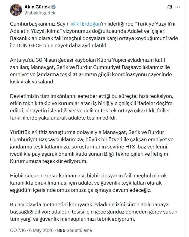 Adalet Bakanı Gürlek Duyurdu: Kübra Yapıcı Cinayetinin Katil Zanlıları Yakalandı!