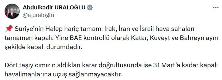 Bakan Uraloğlu’ndan Savaş Nedeniyle Uçuş Yasağı Açıklaması