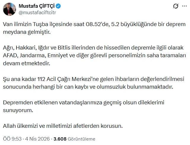 Van’da 5.2 Büyüklüğünde Deprem: Yetkililerden Açıklamalar