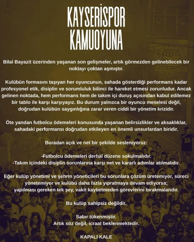 Kapalı Kale’den Kayserispor Yönetimine Sert Mesaj: Kulüp Sahipsiz Değildir