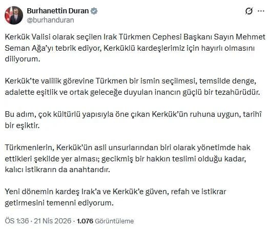 İletişim Başkanı Duran’dan Kerkük Valisi Mehmet Seman Ağa’ya Tebrik Mesajı