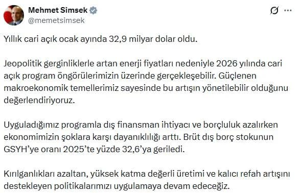 Bakan Şimşek’ten Cari Açık Değerlendirmesi