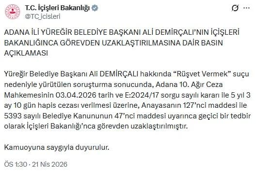Yüreğir Belediye Başkanı Ali Demirçalı Görevden Uzaklaştırıldı