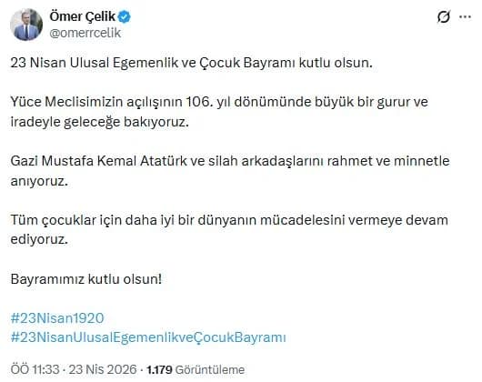 AK Parti’li Çelik’ten 23 Nisan Mesajı: Egemenlik ve Çocuk Bayramı Kutlu Olsun