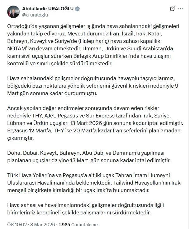THY, İran Seferlerini 20 Mart’a Kadar İptal Etti