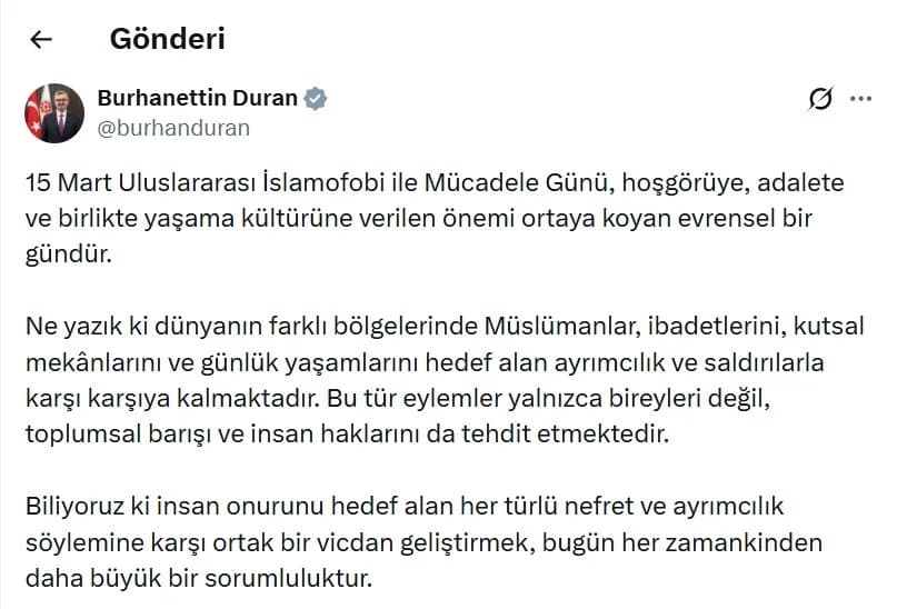 Burhanettin Duran’dan Uluslararası İslamofobi ile Mücadele Günü Vurgusu