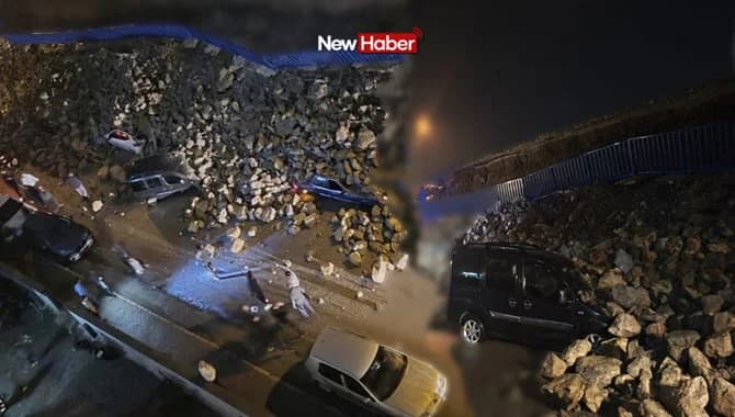 Hatay’da istinat duvarı çöktü: Araçlar kaya parçalarının altında kaldı