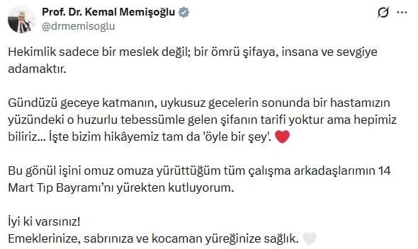 Bakan Memişoğlu’ndan Anlamlı ‘Tıp Bayramı’ Kutlaması