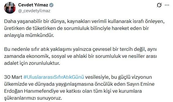 Cevdet Yılmaz’dan Uluslararası Sıfır Atık Günü’ne Önemli Mesaj