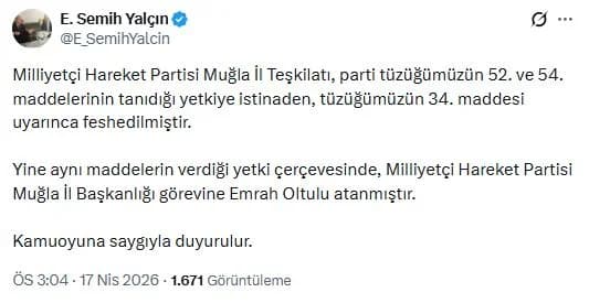 MHP Genel Başkan Yardımcısı Semih Yalçın Muğla İl Teşkilatı’nı Feshetti