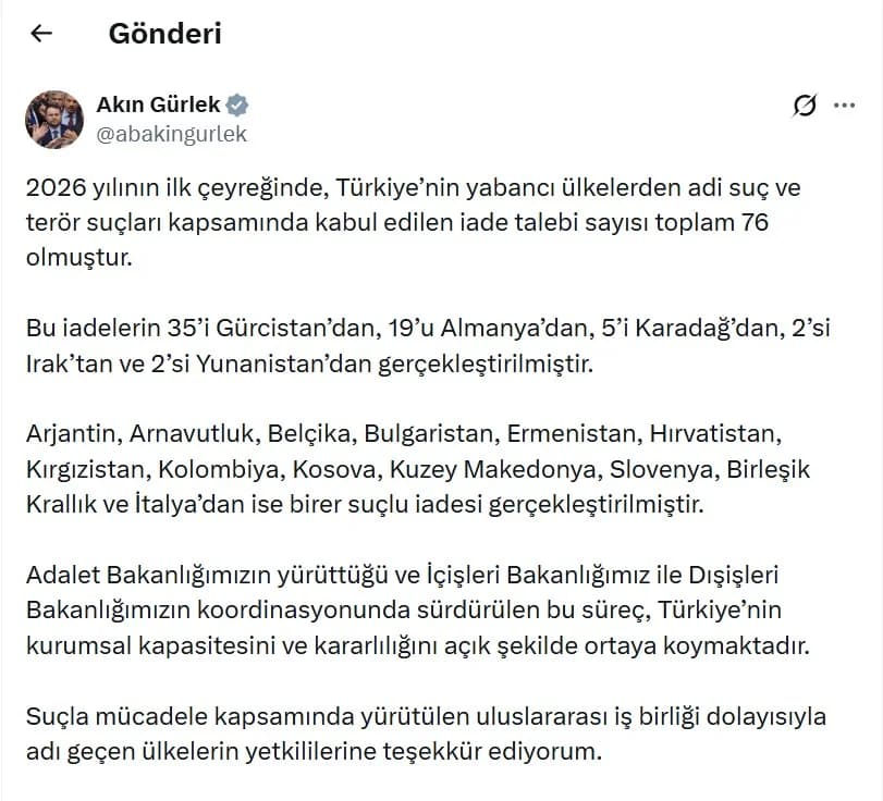 Bakan Gürlek, 2026’nın İlk Çeyreğinde 76 Suçlunun İadesini Açıkladı