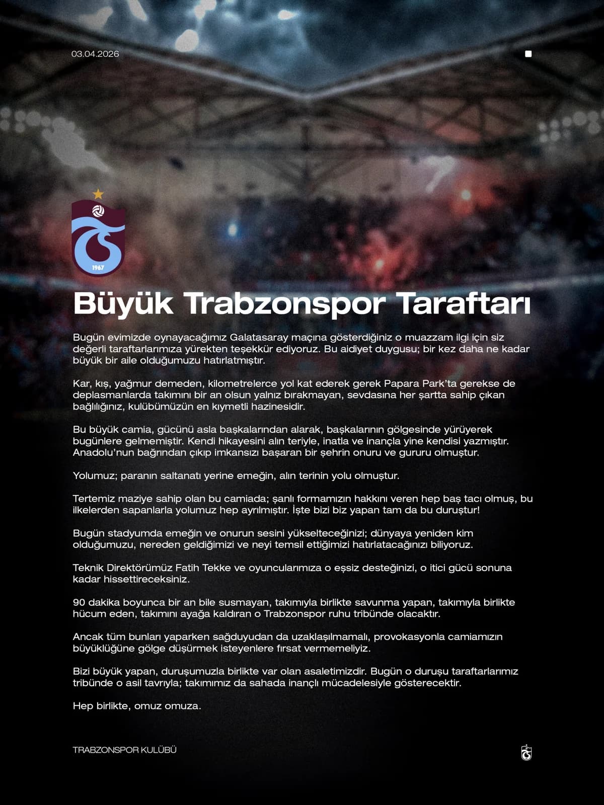 Trabzonspor’dan Taraftarlara Birlik Mesajı