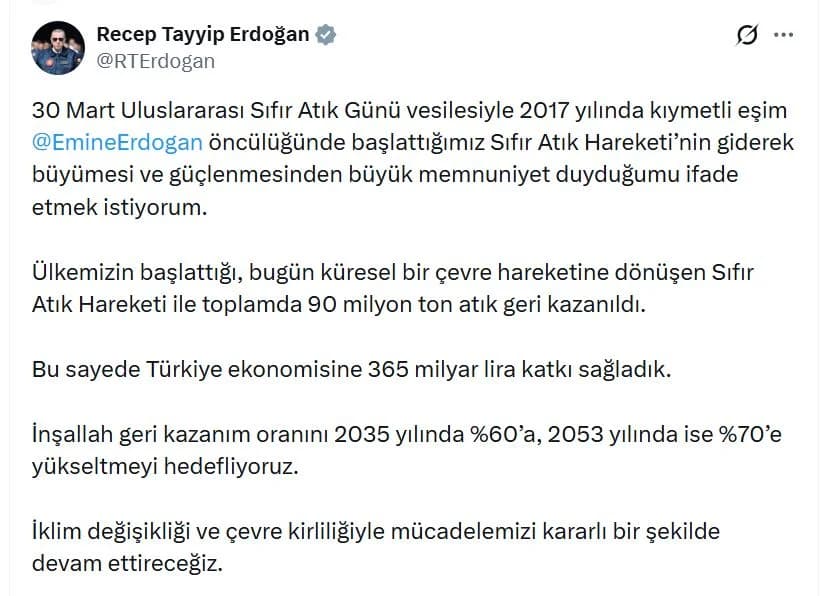 Cumhurbaşkanı Erdoğan: Sıfır Atık Hareketi ile 90 Milyon Ton Atık Geri Kazanıldı