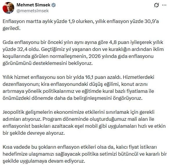 Bakan Şimşek’ten Enflasyonla Mücadele Açıklaması