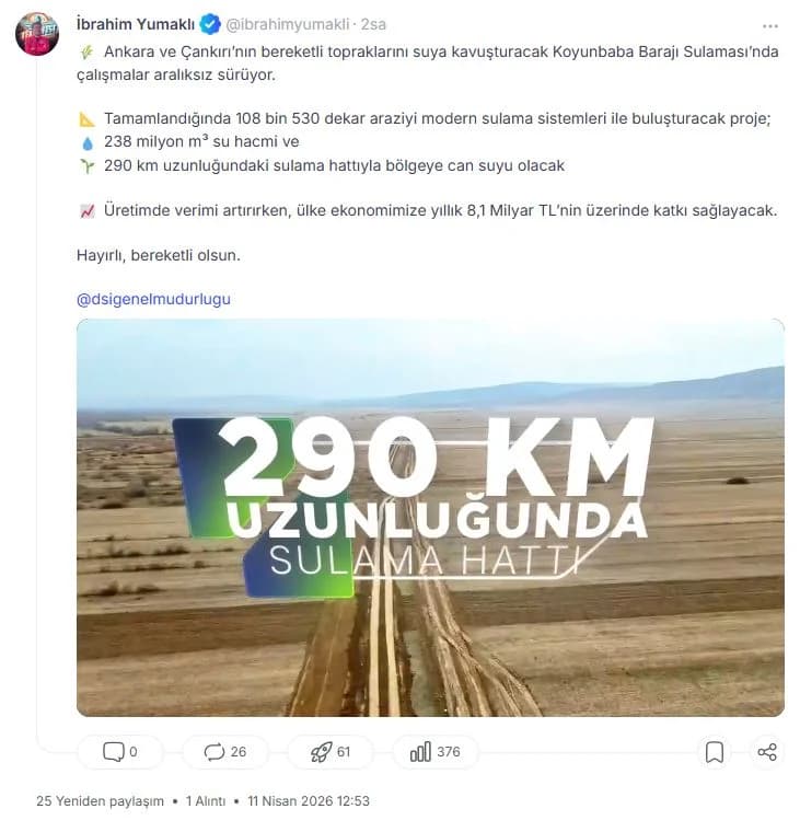 Koyunbaba Barajı Sulaması Projesi Devam Ediyor