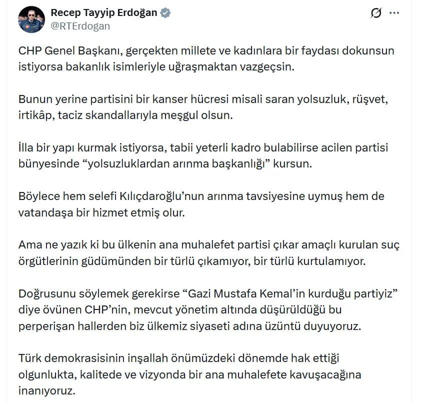 Cumhurbaşkanı Erdoğan’dan CHP’ye Sert Eleştiri: Yolsuzluk Skandallarıyla Mesaj Verdi
