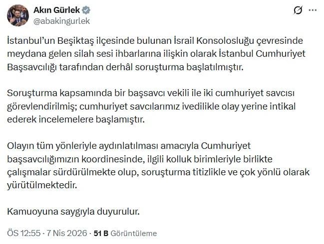 Bakan Gürlek: İstanbul’da İsrail Konsolosluğu Çevresindeki Olay İçin Soruşturma Başlatıldı
