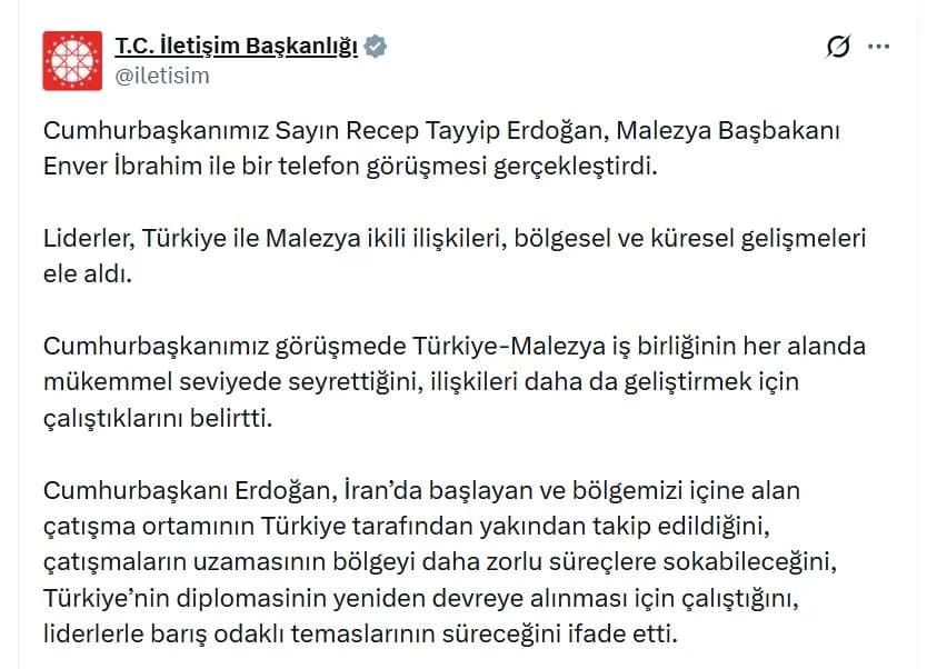 Cumhurbaşkanı Erdoğan, Malezya Başbakanı İbrahim ile Telefon Görüşmesi Yaptı