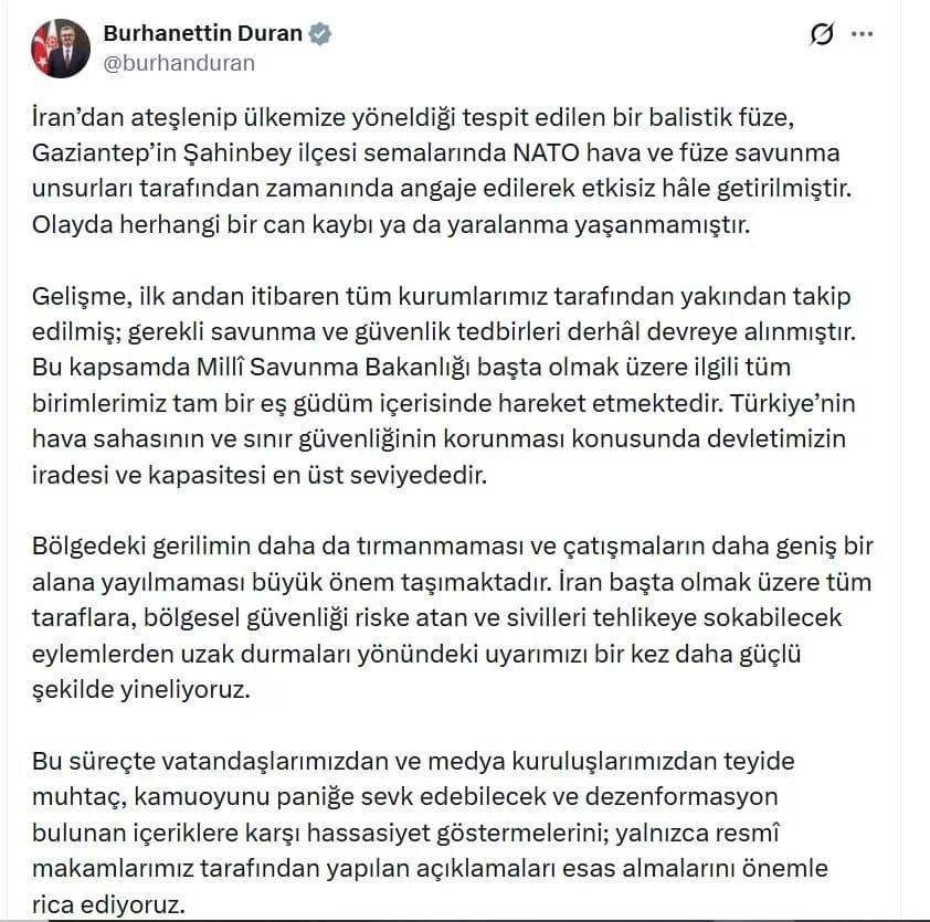 Türk Hava Sahasına Giren Balistik Füze İmha Edildi