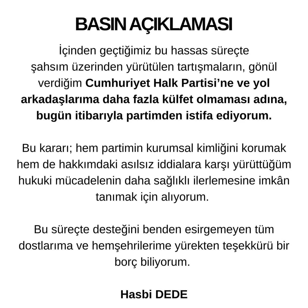 CHP’den İhraç Edilen Hasbi Dede, İstifasını Duyurdu