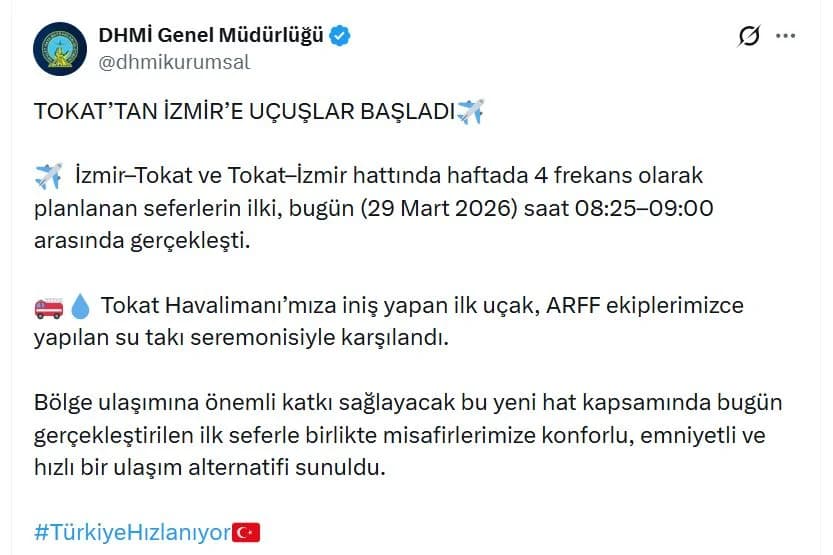 Tokat’tan İzmir’e Uçuş Seferleri Başladı