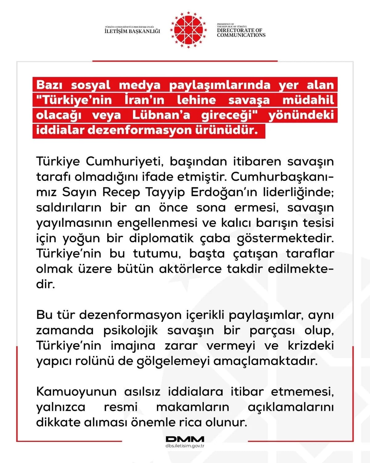 DMM: Türkiye’nin Savaşa Müdahil Olacağı İddiaları Dezenformasyon Üretimidir