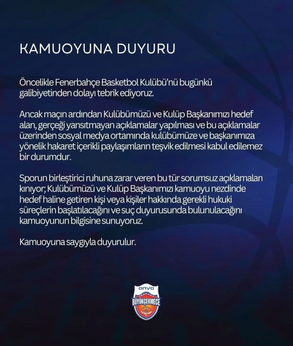 Büyükçekmece’den Fenerbahçe Beko Maçındaki Olaylara Yanıt