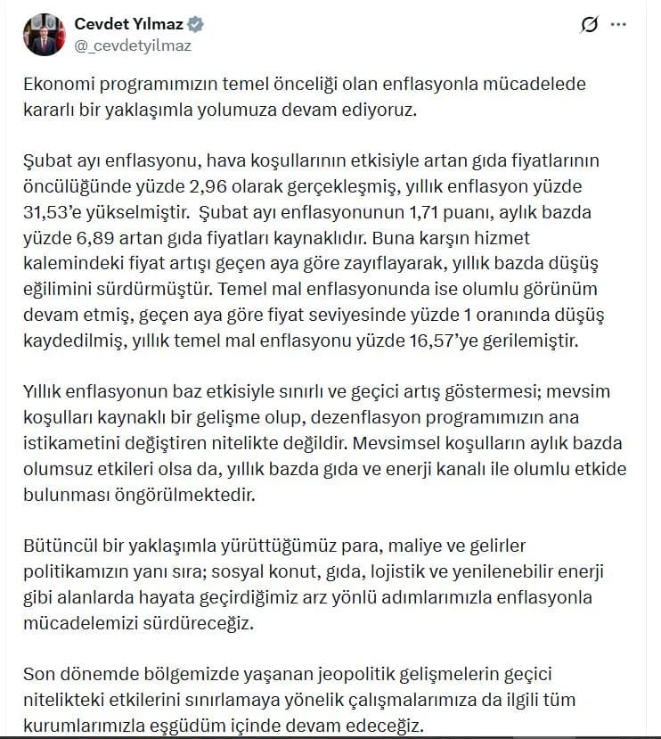 Cevdet Yılmaz: Enflasyondaki Artış Mevsim Koşullarına Bağlı