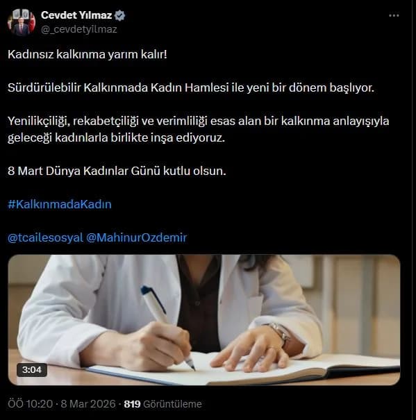 Cevdet Yılmaz’dan Dünya Kadınlar Günü’ne Özel Mesaj