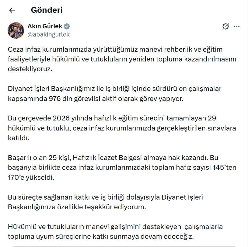 Bakan Gürlek, Ceza İnfaz Kurumlarındaki Hafız Sayısının 170’e Yükseldiğini Duyurdu