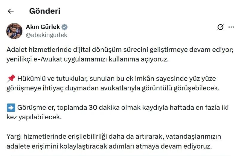 Adalet Bakanı Gürlek: Hükümlü ve Tutuklular, Avukatlarıyla Görüntülü Görüşebilecek