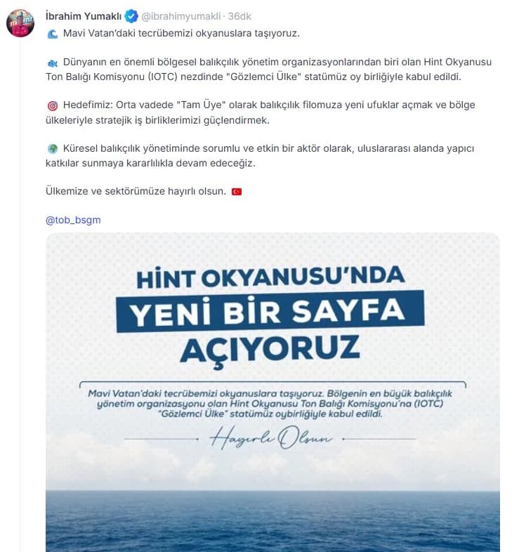 Türkiye, Hint Okyanusu Ton Balığı Komisyonu’na Gözlemci Ülke Olarak Katıldı